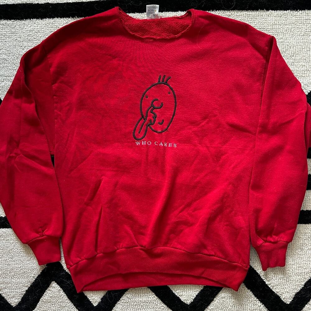 Vintage 80s 90s Who Cares Embroidered Sweatshirt USA Mens L